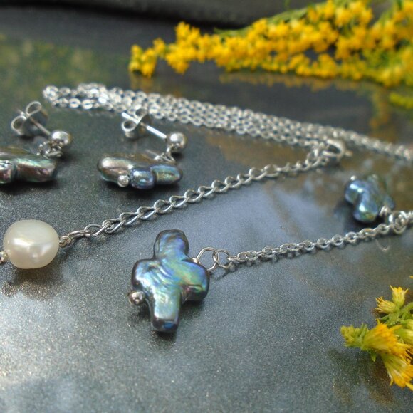 Natural Keshi pearl Double dangle Necklace & Stud earring set, real Unique pearl - Picture 3 of 7